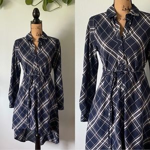 Love Notes Navy Plaid High Low Shirt Dress Size Medium